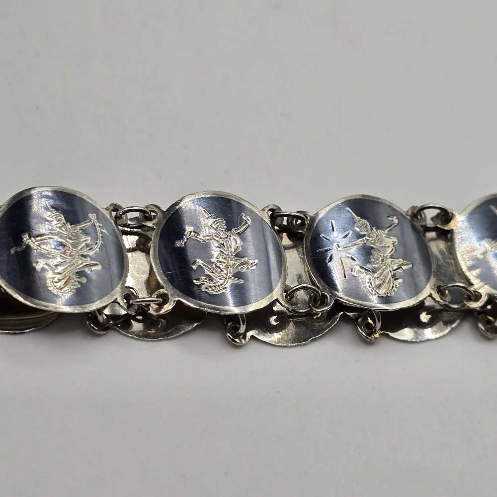 Vintage 1950s Siam Niello Sterling Silver Siam Dancer Fan linked bracelet